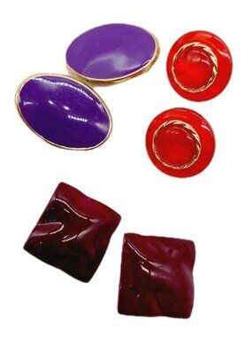 Set Of 3 Earrings Purple Red Gold Square Round Oval 80' Plastic Acrylic